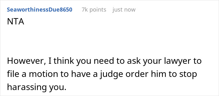 Screenshot of a Reddit comment advising to ask a lawyer to file a motion against harassment after infidelity dispute. Screenshot of a Reddit comment advising to ask a lawyer to file a motion against harassment after infidelity dispute.
