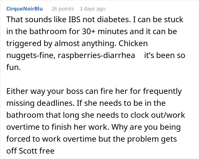 Text post from user describing IBS symptoms causing missed deadlines at work with coworker affected by overtime.