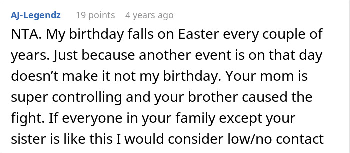 Comment discussing mom hating celebrating kids birthdays during holidays and causing family relationship issues. Comment discussing mom hating celebrating kids birthdays during holidays and causing family relationship issues.