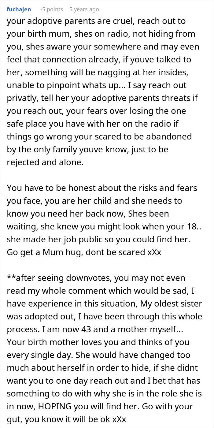 Comment about adoptive parents threatening woman wanting to reunite with her biological family and adoption challenges.