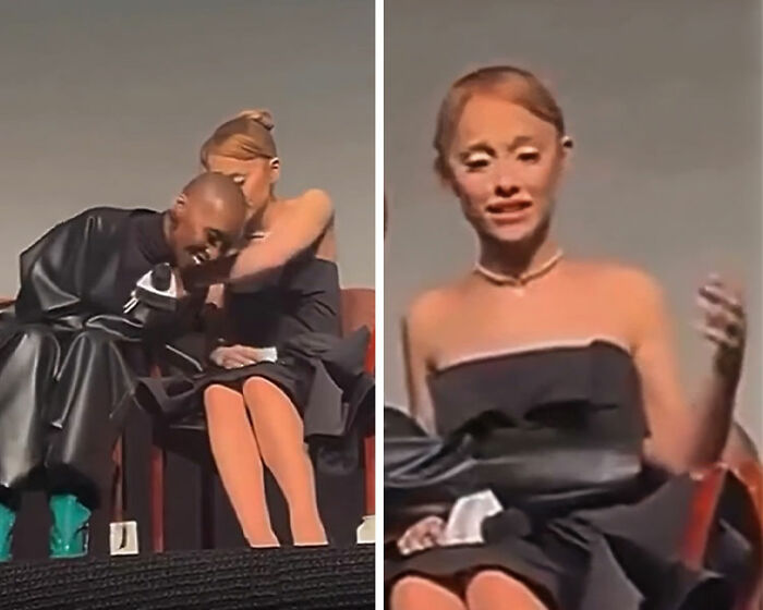 Ariana Grande in a black dress appearing distressed and seated during Governors Award, raising concern for her health.