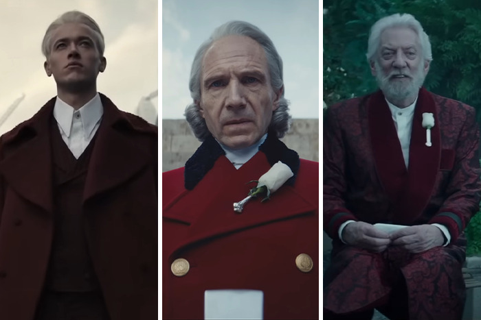 Side-by-side look at iconic Hunger Games characters and actors in red costumes from the new film scenes.