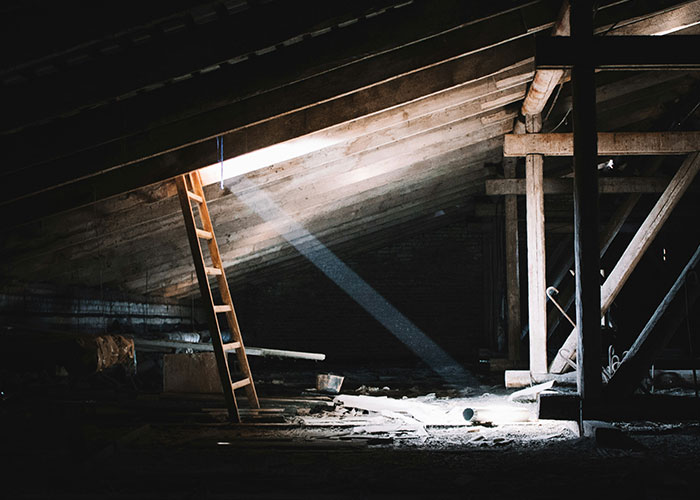 Dimly lit attic with a wooden ladder and light beam, evoking the mood of narrowly avoided kidnapping scenes.