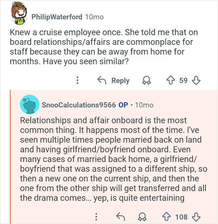 Cruise ship employees discuss behind the scenes relationships and workplace dynamics during long contracts at sea.