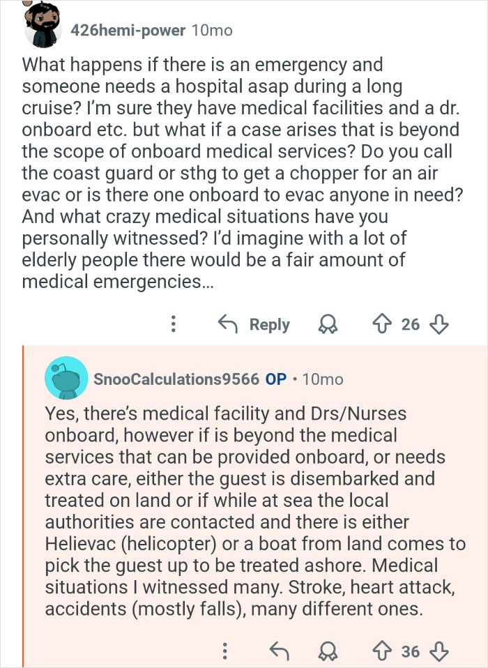 Cruise ship employees discuss medical emergencies and evacuation procedures behind the scenes on their workplace.