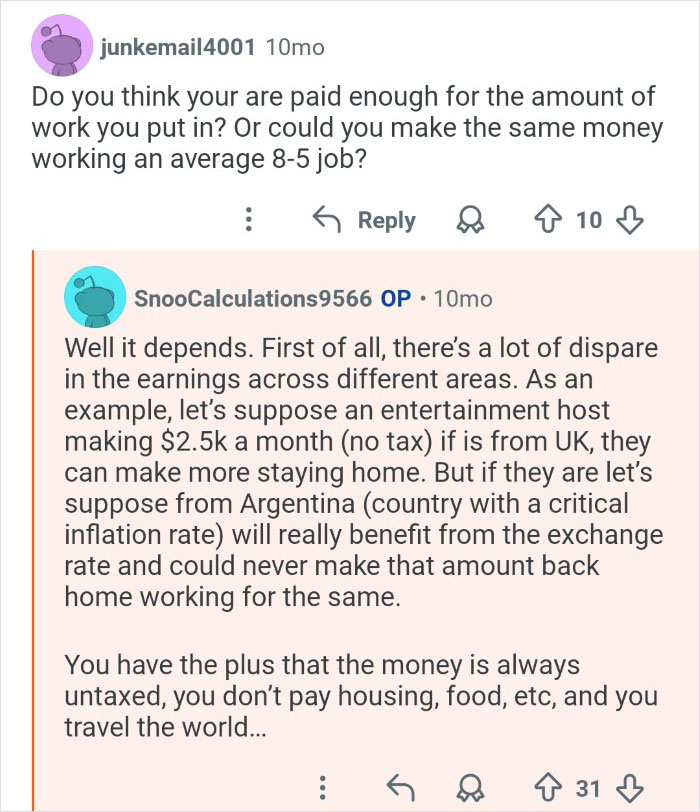 Reddit conversation discussing cruise ship employees sharing behind the scenes look at their workplace earnings and benefits.