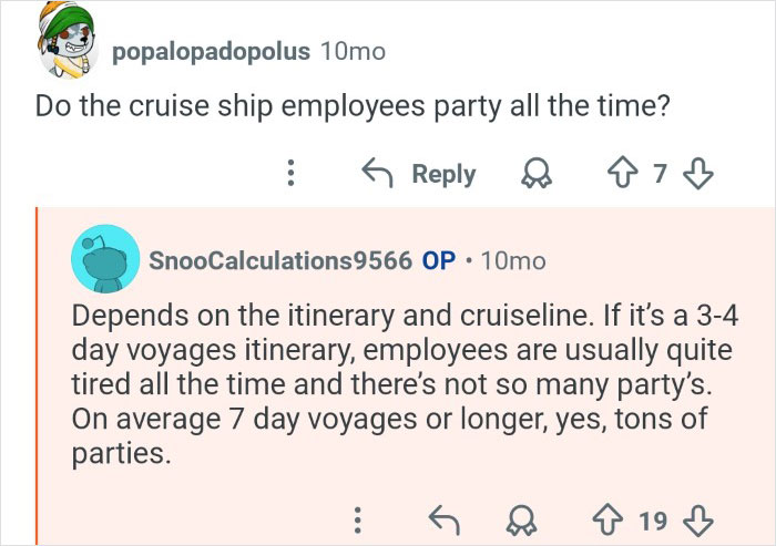 Comments discussing cruise ship employees’ work schedules and party frequency during different voyage lengths.