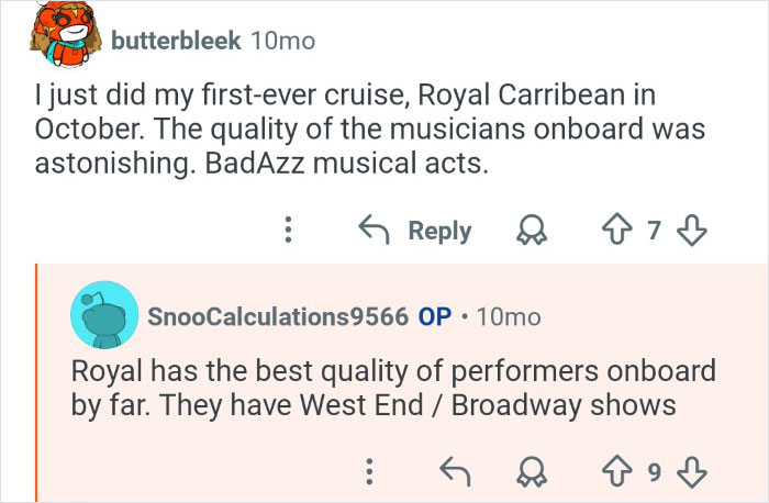 Cruise ship employees sharing behind the scenes insights of their workplace and onboard entertainment quality.