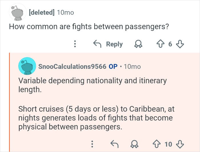 Screenshot of a conversation about cruise ship employees describing common passenger fights during short Caribbean cruises.