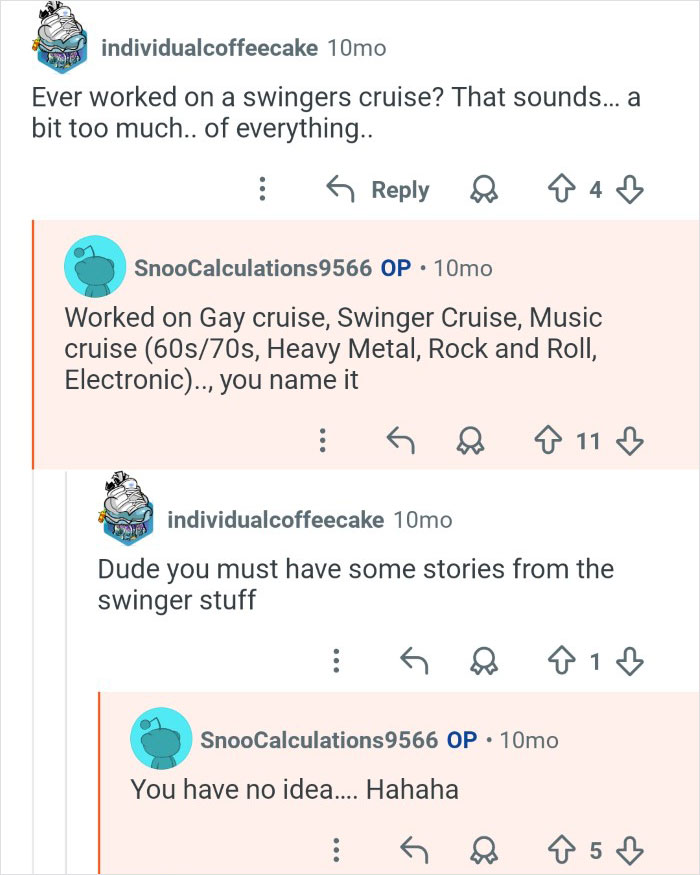 Reddit conversation between cruise ship employees sharing behind the scenes stories from unique themed cruises.