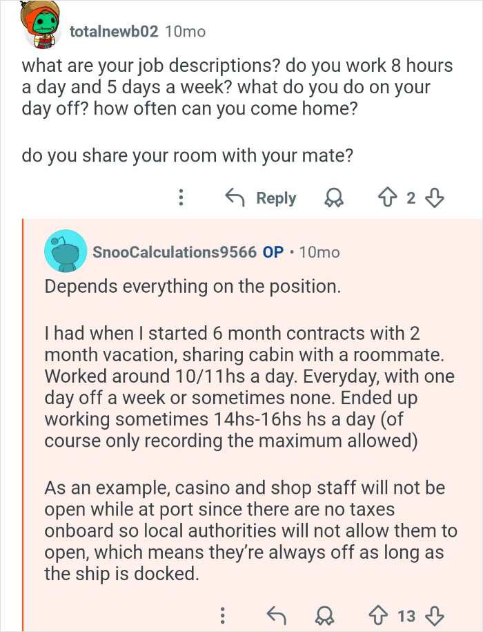 Cruise ship employees discuss work hours, sharing cabins, and job details behind the scenes at their workplace.