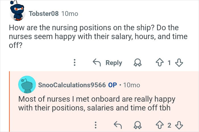 Cruise ship employees discussing nursing positions, salaries, hours, and satisfaction behind the scenes at their workplace