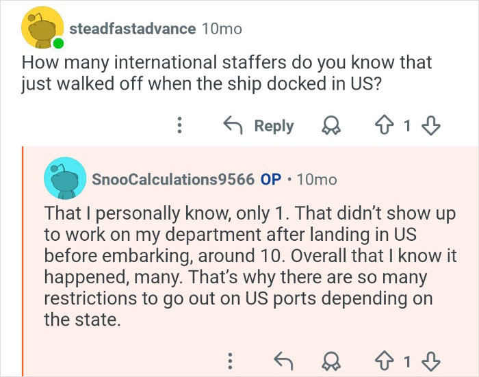 Online discussion showing cruise ship employees sharing behind the scenes insights about staff behavior in US ports.