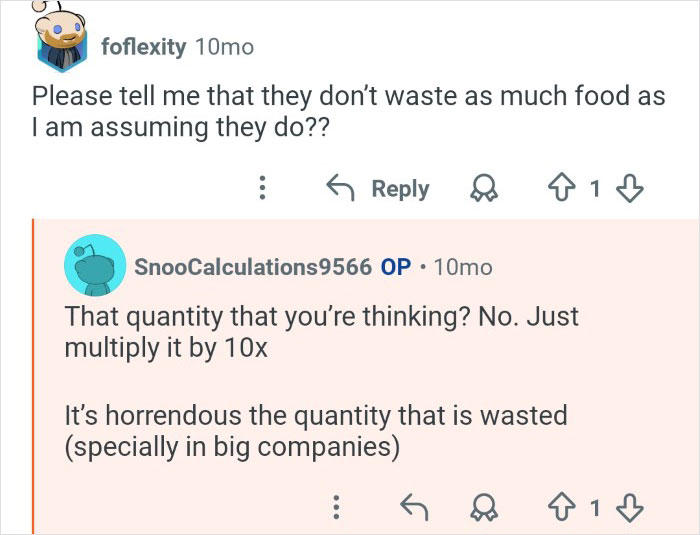 Screenshot of a conversation highlighting the large quantity of food wasted behind the scenes by cruise ship employees.