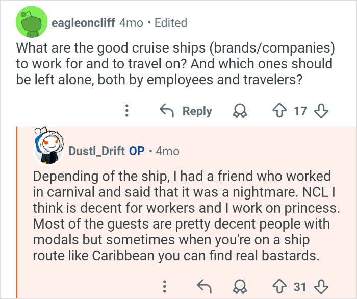 Reddit users discuss experiences and challenges faced by cruise ship employees behind the scenes of their workplace.