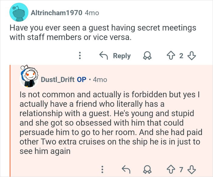 Reddit conversation showing cruise ship employees sharing behind the scenes experiences with guests and staff interactions.