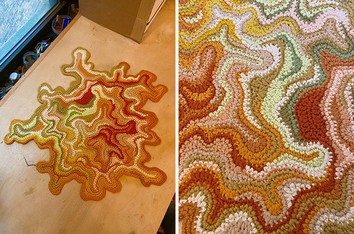 Crochet project with wavy, organic shapes in autumn colors, showcasing a proud creation by a crochet enthusiast.