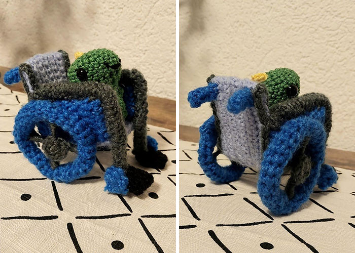 My Friend Is In A Wheelchair. So I Crocheted Her A Dinosaur In A Wheelchair For Christmas. :)