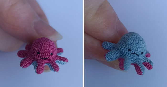Two tiny crochet octopus figurines in pink and blue held between fingers, showcasing detailed handmade crochet projects.