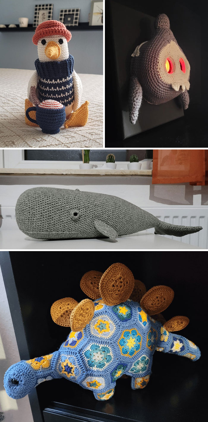 Four detailed crochet projects including a bird, whale, monster mask, and colorful dinosaur by crochet enthusiasts.