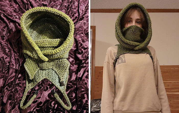 Green crochet hooded scarf with a pointed design, shown both laid flat and worn by a person, showcasing a proud crochet project.