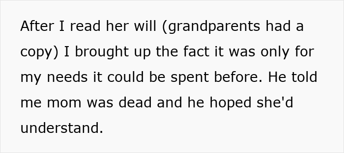 Text excerpt discussing a dad stealing son&rsquo;s inheritance for a new family and grandparents cutting him off.