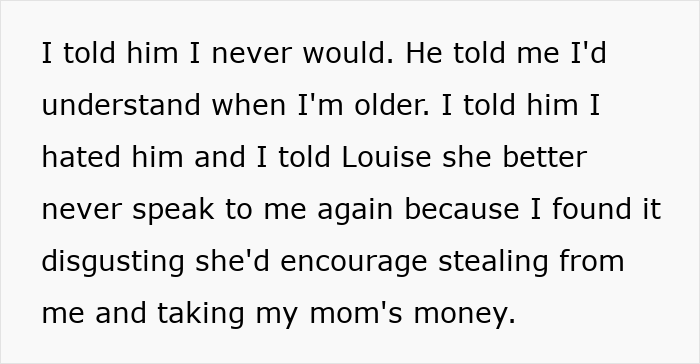 Text excerpt showing a teen expressing anger about family stealing inheritance and grandparents cutting off support.