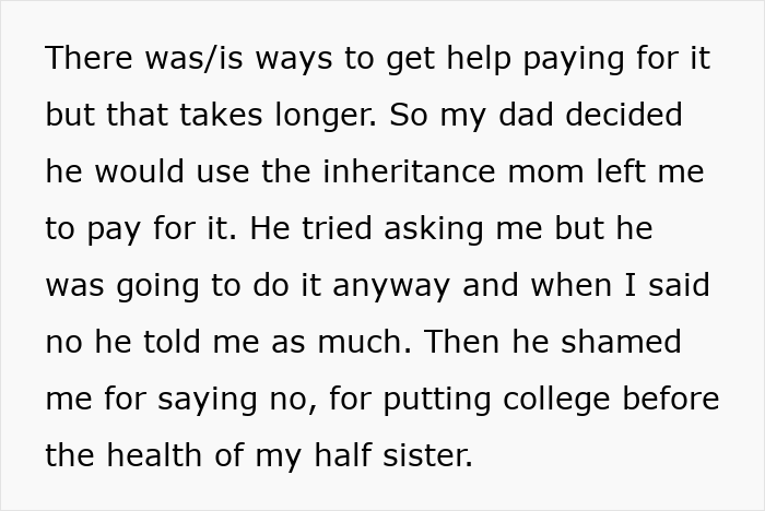 Text excerpt showing a son explaining his dad stealing the inheritance meant for college to support new family plans.