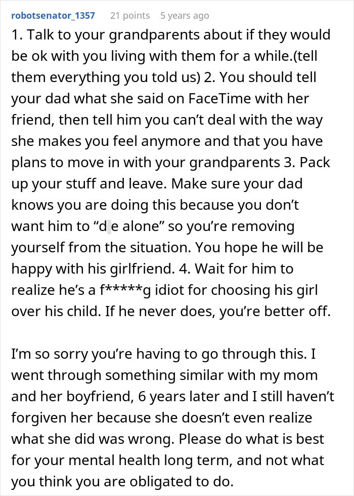 Advice on teen leaving home after dad chooses his girlfriend over her, addressing adoption and family conflict issues.