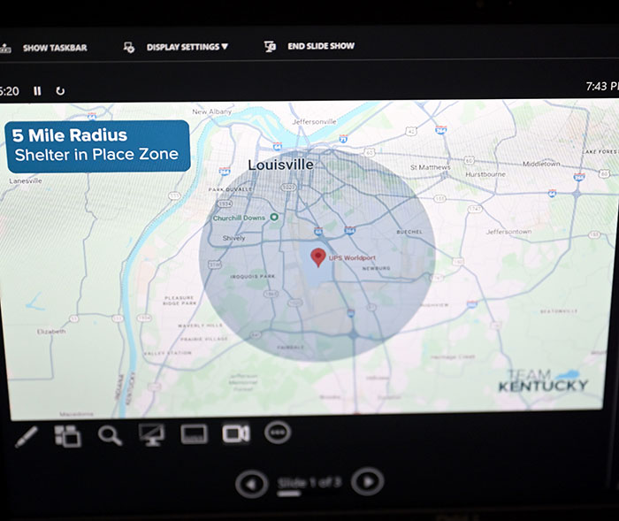 Map showing 5 mile radius shelter in place zone around Louisville after terrifying UPS plane crash with multiple casualties.