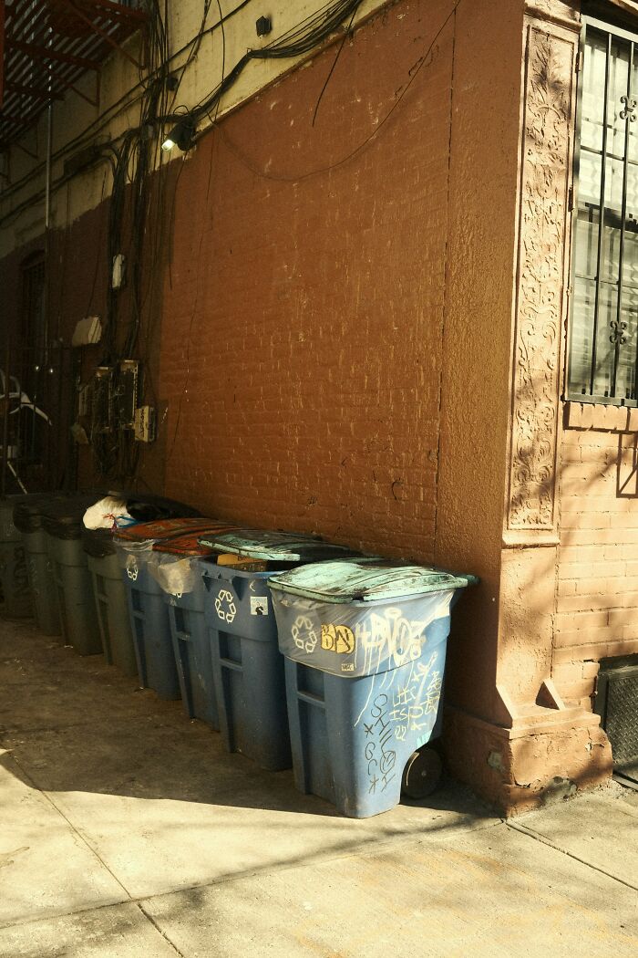 Row of graffiti-covered garbage bins lined up against a brick wall representing garbage men on the job.