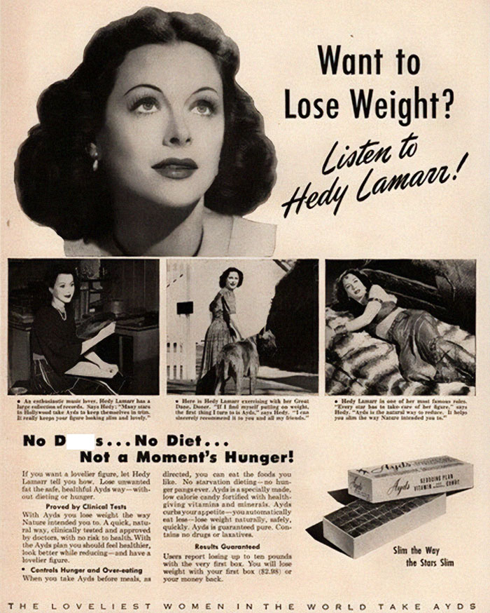 Vintage advertisement featuring Hedy Lamarr promoting weight loss with Aylds, illustrating dumb ways companies went out of business.