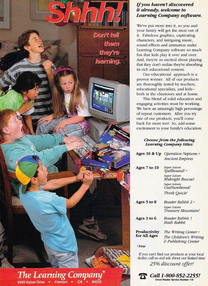 Children excitedly playing educational software on a vintage computer, showcasing learning company products that failed in business.