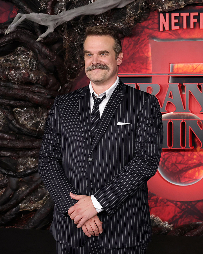 Actor David Harbour in a pinstripe suit posing at a Netflix event with dark textured background and red signage.