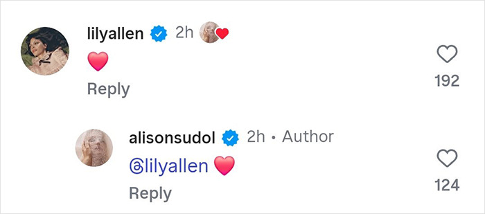 Screenshot of Alison Sudol replying with a heart emoji to a comment from Lily Allen on social media amid David Harbour backlash.