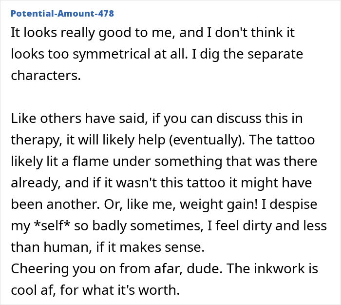 Screenshot of a man&rsquo;s emotional post expressing tattoo regret and depression, highlighting personal struggles and support.