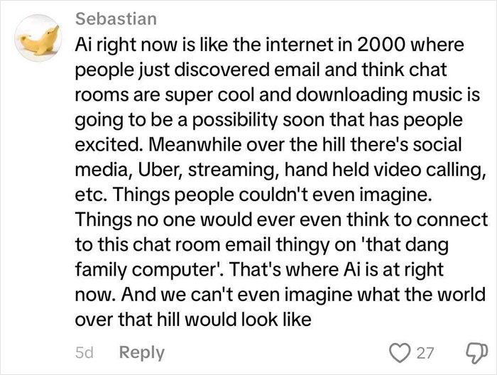 Comment comparing AI&rsquo;s current state to early internet days, highlighting evolving technology and future possibilities.