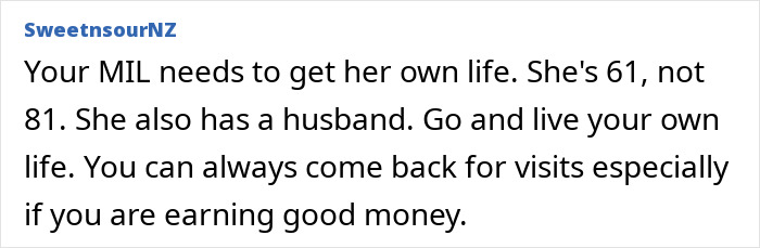 Text comment about a mother-in-law accusing daughter-in-law amid couple's plans to move city for her job.