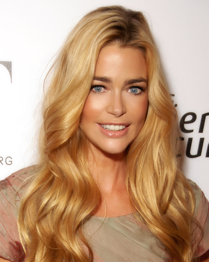 Denise Richards with long blonde hair and blue eyes, channeling iconic adult magazine style in bunny-themed photos.