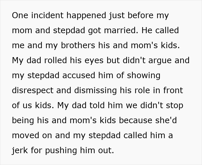 Text from post describing tension as stepdad tries to displace kids&rsquo; bio dad, causing conflict and hurt feelings within the family.