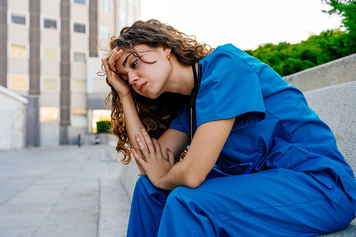 Tired female doctor in blue scrubs sitting outdoors, reflecting on challenging moments in surgery and medical mistakes.