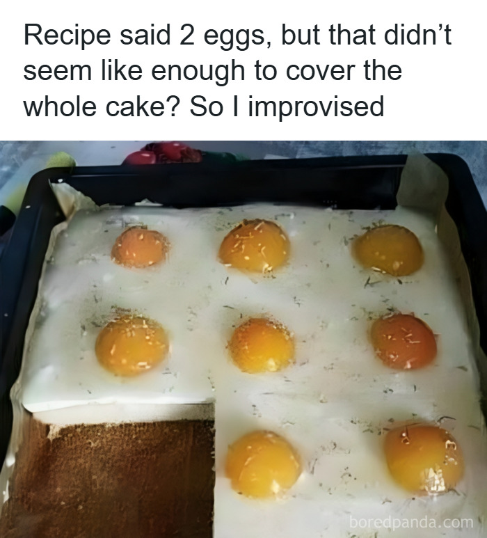 Improvised cake topped with unevenly spread eggs, showcasing one of the 102 dishes that are just stupid in cooking attempts.