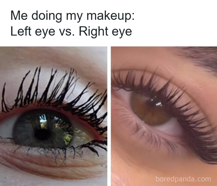 Close-up of an eye with messy makeup on the left and a perfectly done eye with long lashes on the right, makeup meme.