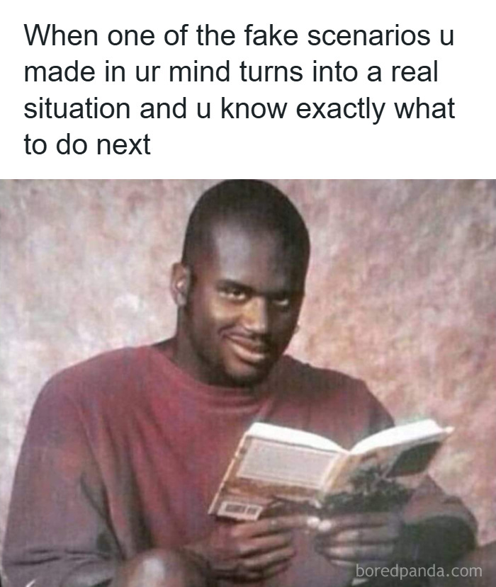 Man reading book with a mischievous smile, illustrating relatable random memes about unique experiences and familiar situations.