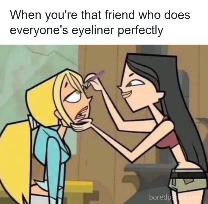 Cartoon characters humorously depicting makeup and fashion moments in diva life with perfect eyeliner application.