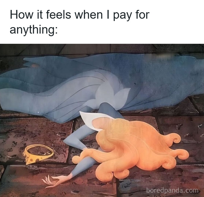 Woman in a blue dress lying face down on the floor with crown nearby, expressing reactions relatable to fashion and diva life memes.