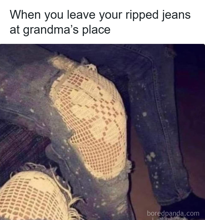 Ripped jeans with crochet patches, illustrating a common relatable meme from random memes about unique experiences.