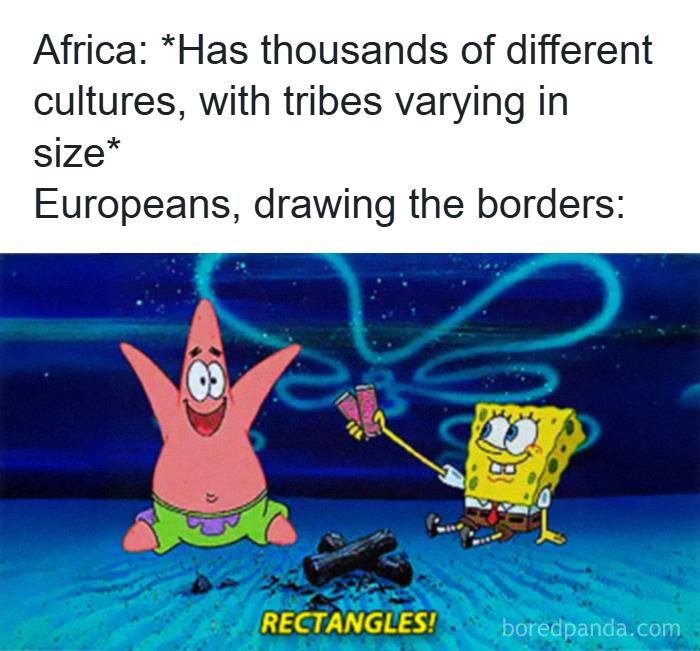 Meme showing SpongeBob and Patrick illustrating European borders in Africa with rectangles, a hilarious history meme.