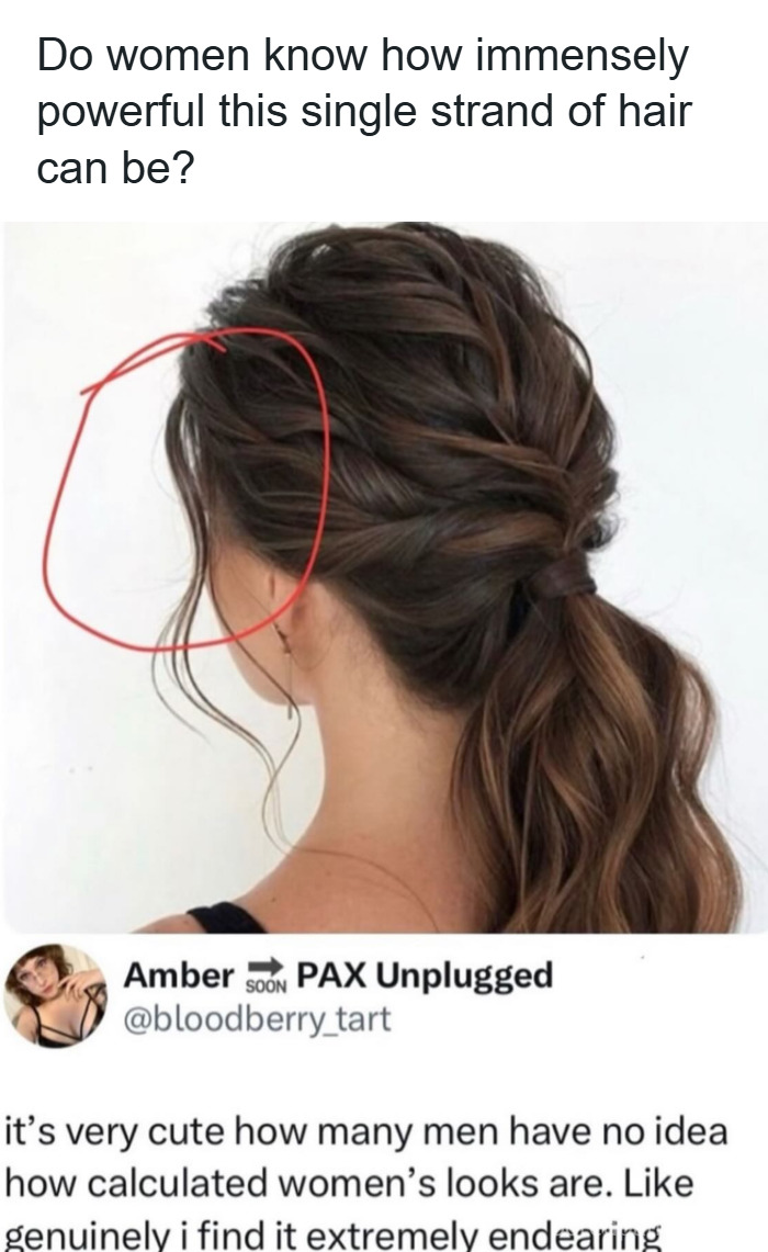 Woman with styled hair in a ponytail, highlighting a single strand of hair, related to makeup fashion and diva life memes.