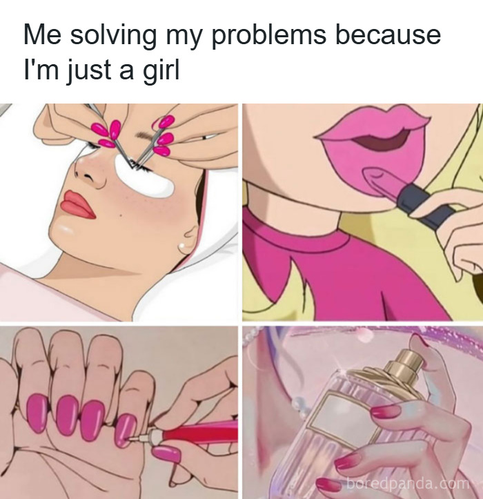 Woman applying makeup, painting nails, and using perfume, illustrating makeup, fashion, and diva life memes.